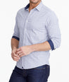 Model wearing a Navy Wrinkle-Free Performance Armand Shirt