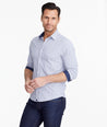 Model wearing a Navy Wrinkle-Free Performance Armand Shirt