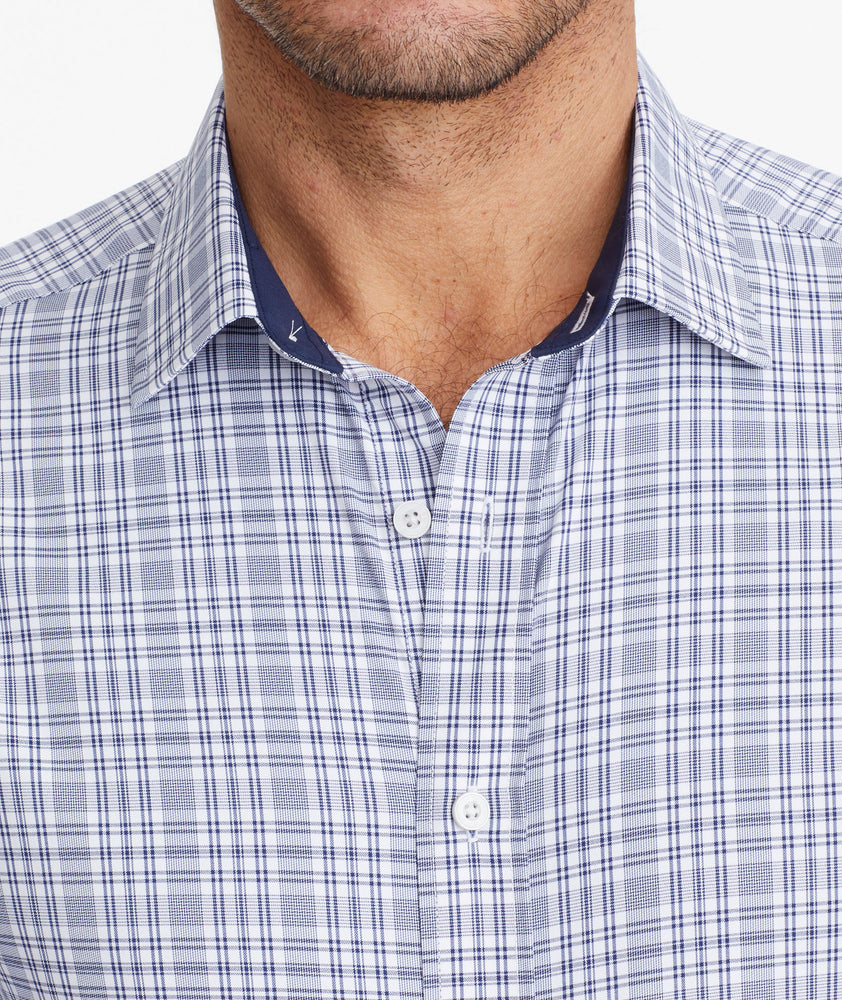 Model wearing a Navy Wrinkle-Free Performance Armand Shirt