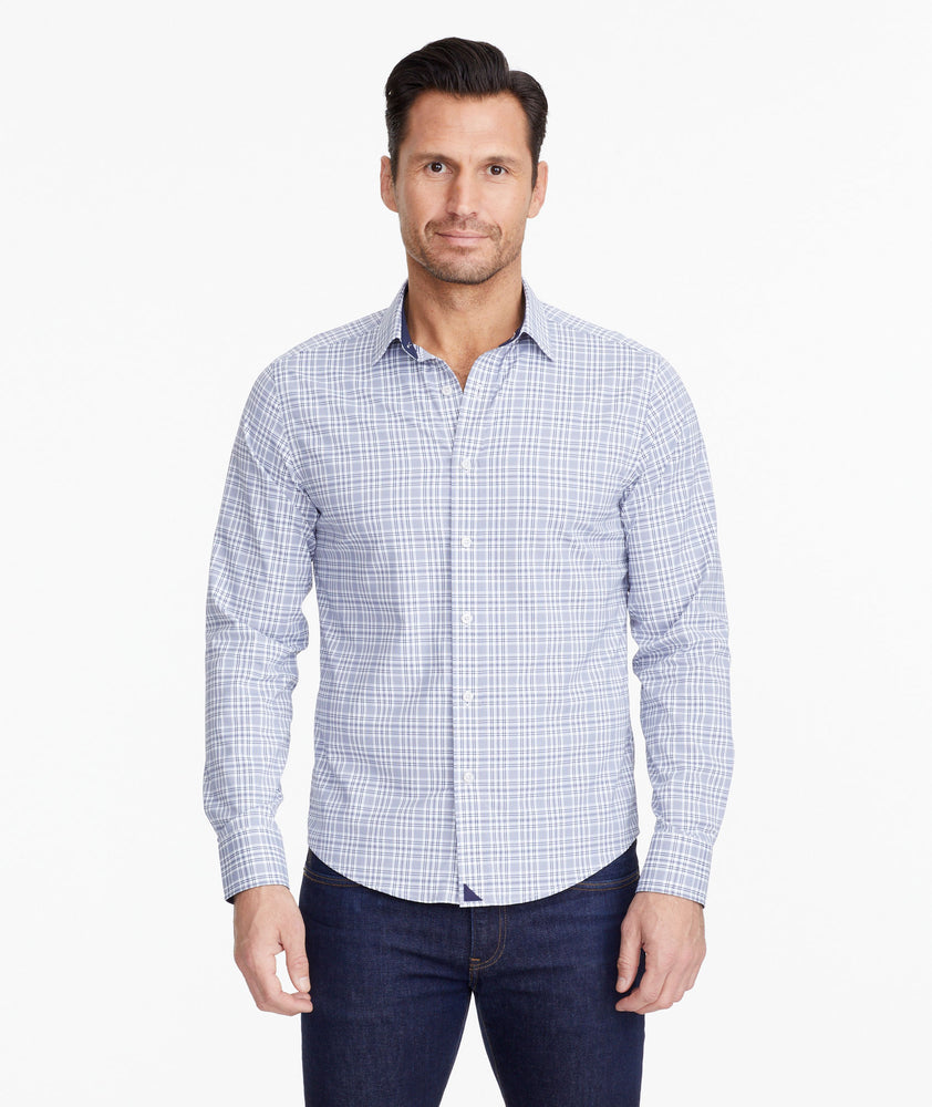Model wearing a Navy Wrinkle-Free Performance Armand Shirt