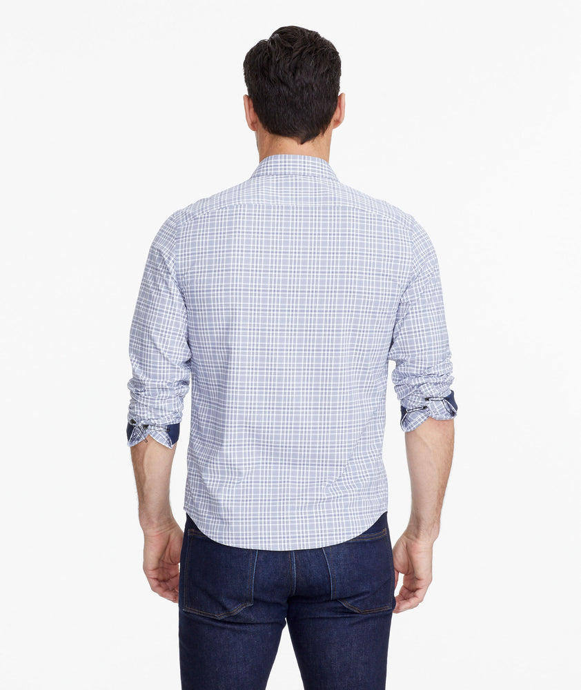 Model wearing a Navy Wrinkle-Free Performance Armand Shirt