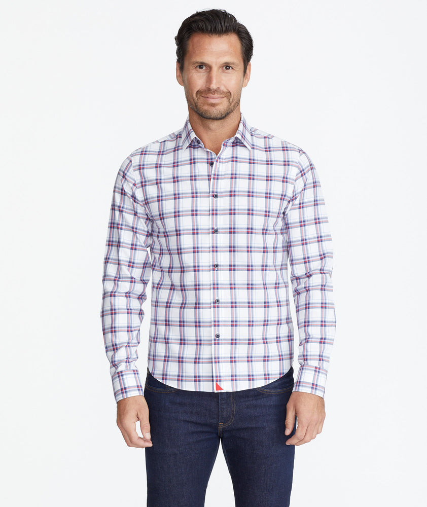 Model wearing a Red Lightweight Wrinkle-Free Flannel Baron Shirt