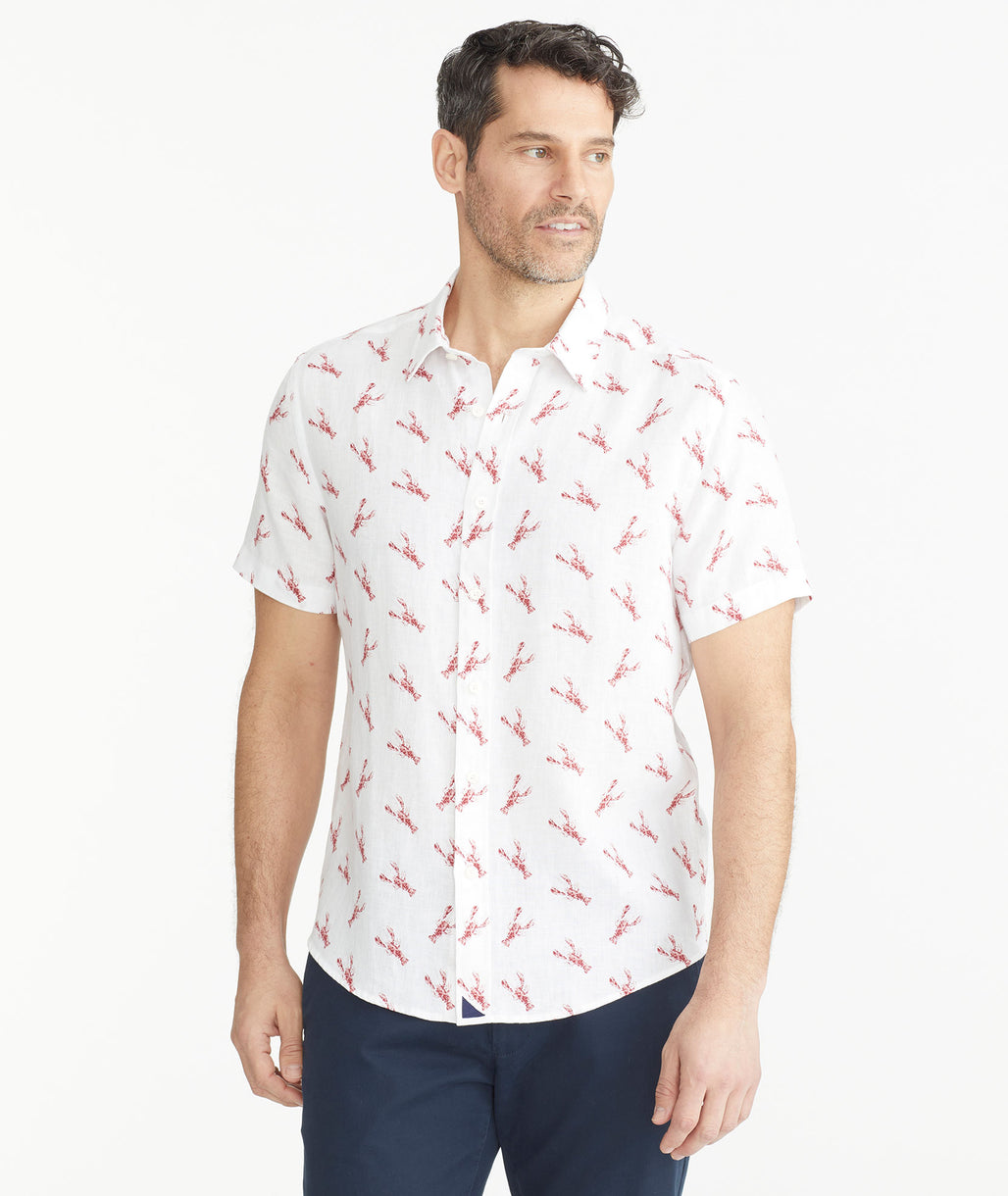 Model is wearing a David Hart x UNTUCKit Lobster Linen Short-Sleeve Shirt.