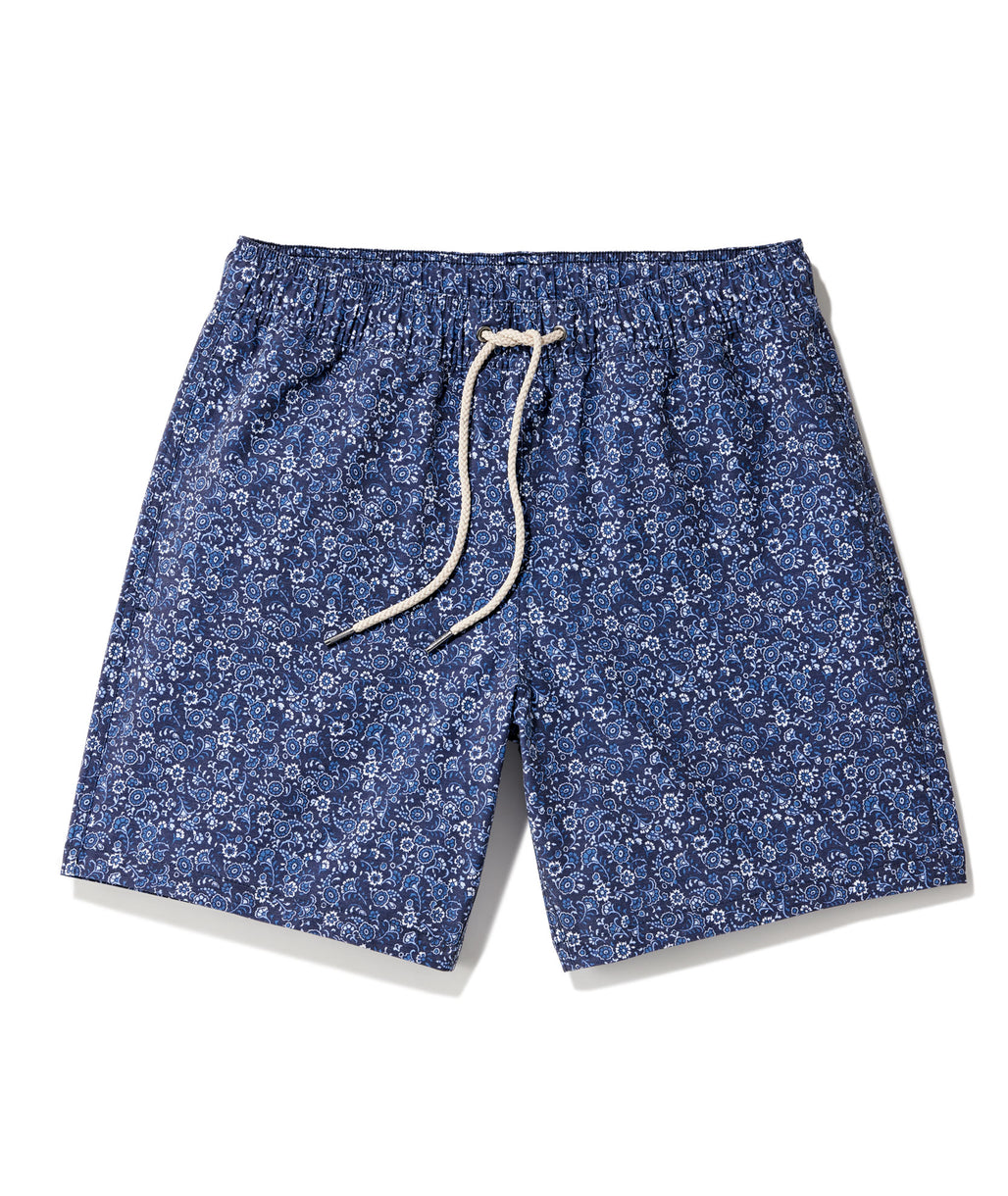 Model wearing a Blue 7-Inch Recycled Swim Shorts