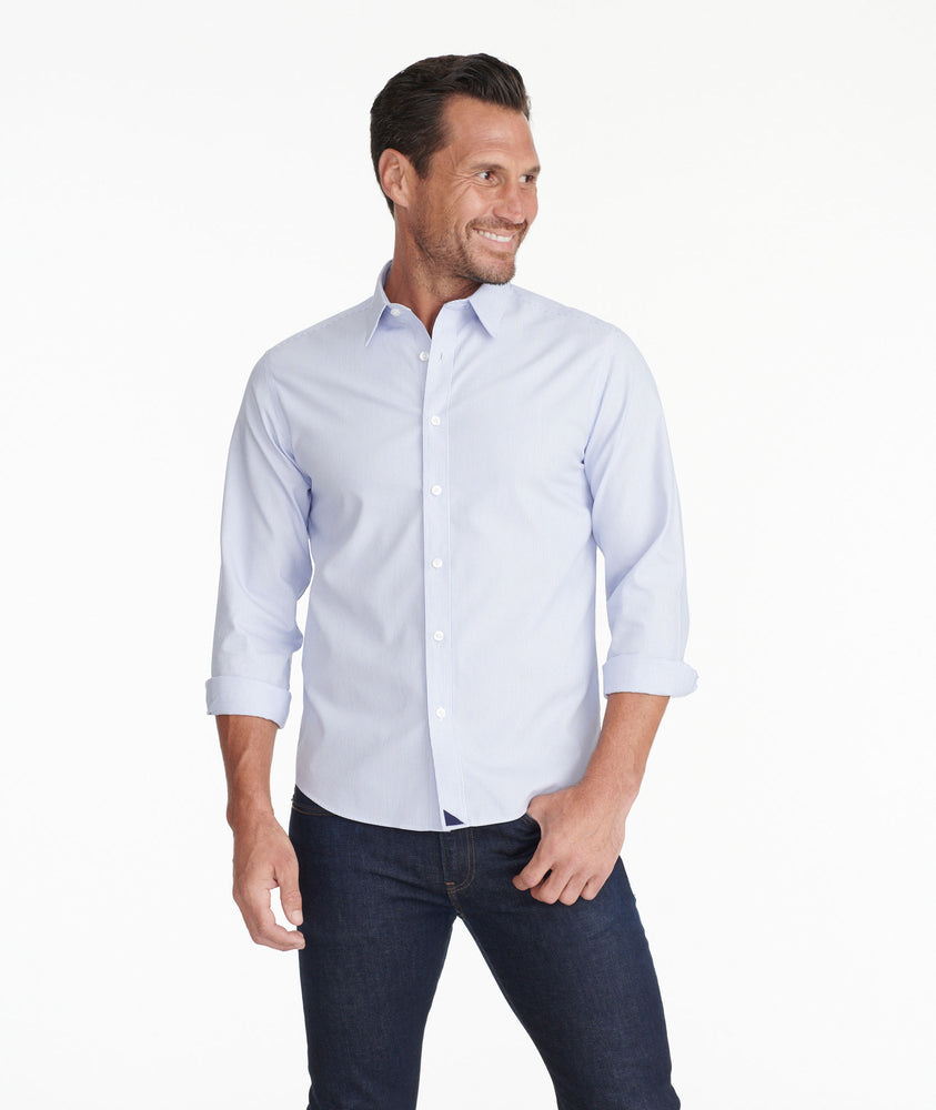 Model wearing a Blue Wrinkle-Free Bordeaux Shirt