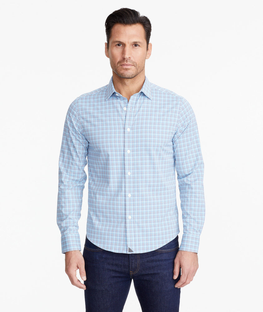 Model wearing a Mid Blue Wrinkle-Free Performance+ Breganze Shirt