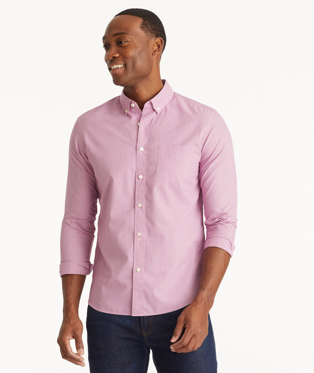 Model wearing an UNTUCKit Mid Red Wrinkle-Free Cadetto Shirt