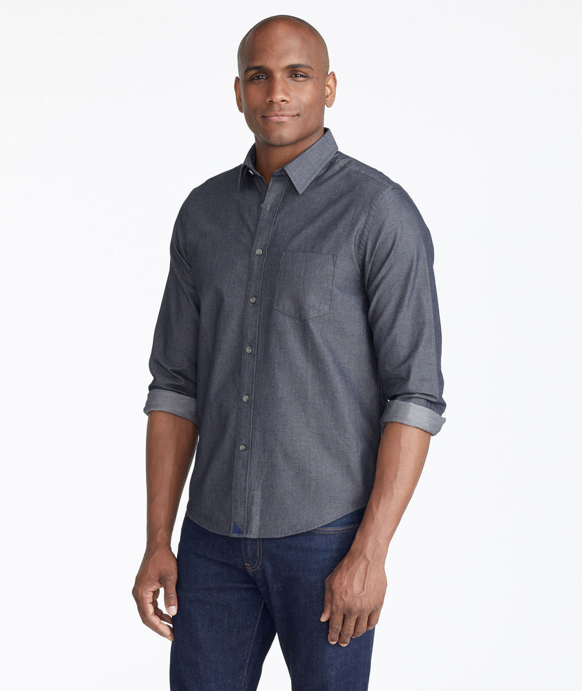 Model wearing a Grey Classic Chambray Shirt