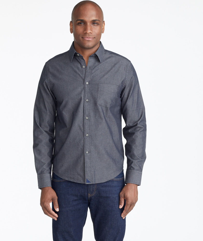 Model wearing a Grey Classic Chambray Shirt