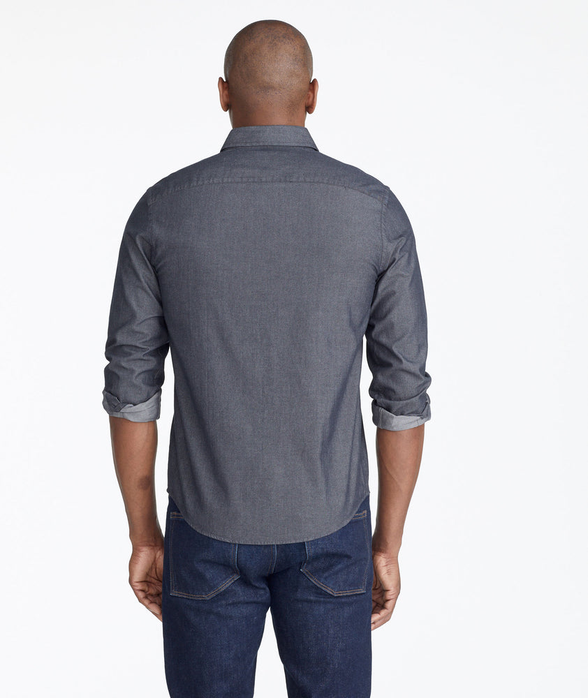 Model wearing a Grey Classic Chambray Shirt