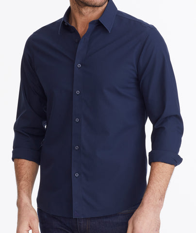 Model wearing a Navy Wrinkle-Free Castello Shirt