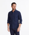 Model wearing a Navy Wrinkle-Free Castello Shirt