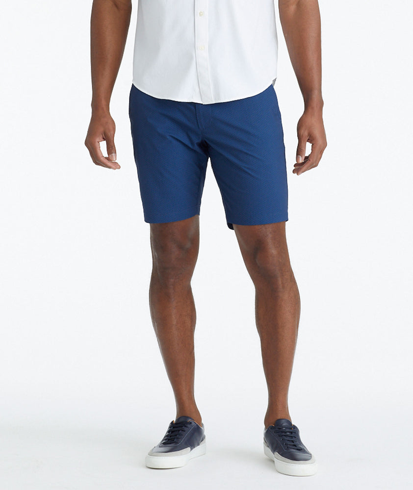 Model wearing a Navy Printed Traveler Shorts
