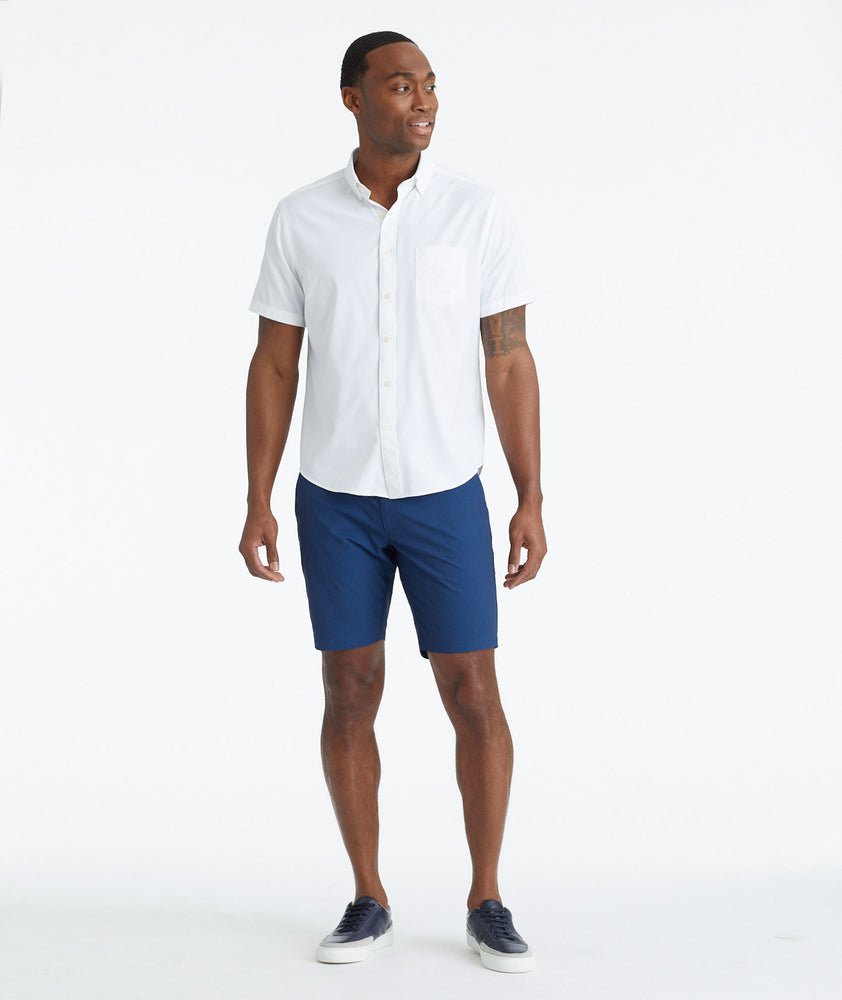 Model wearing a Navy Printed Traveler Shorts