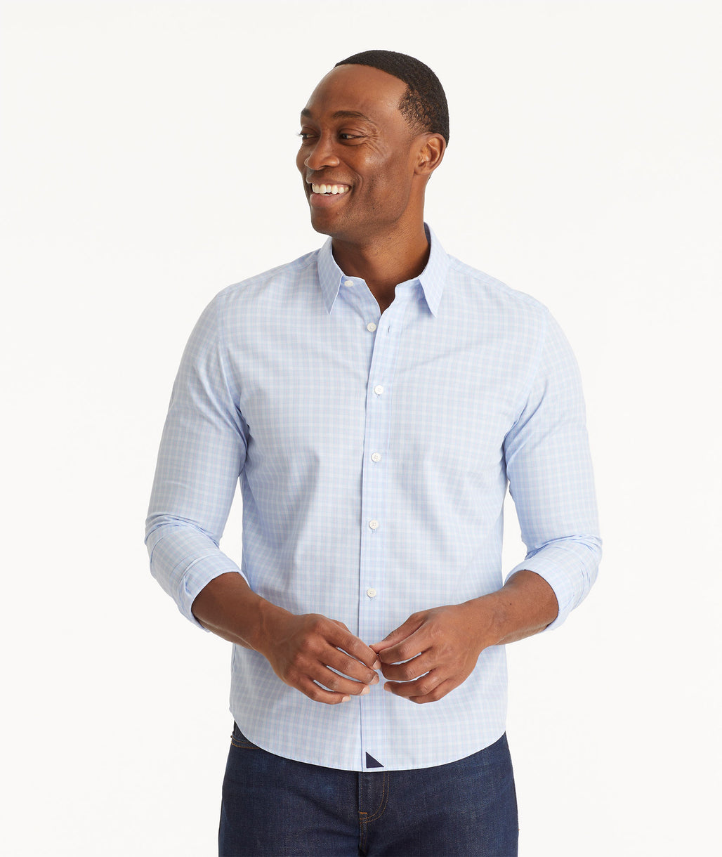 Model wearing an UNTUCKit Light Blue Wrinkle-Free Collalto Shirt
