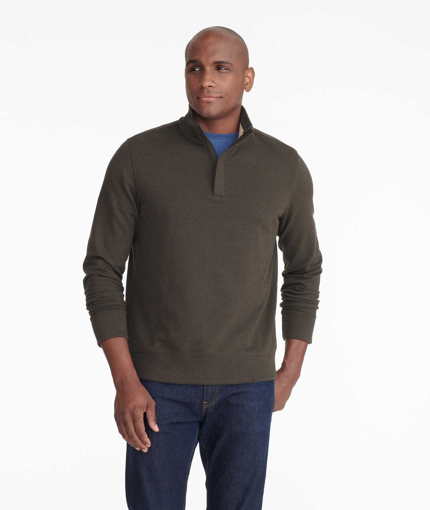 Model wearing a Dark Grey Quarter-Zip Sweatshirt