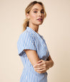 Model is wearing UNTUCKit Short-sleeve Striped Gingham Cybil Shirtdress.