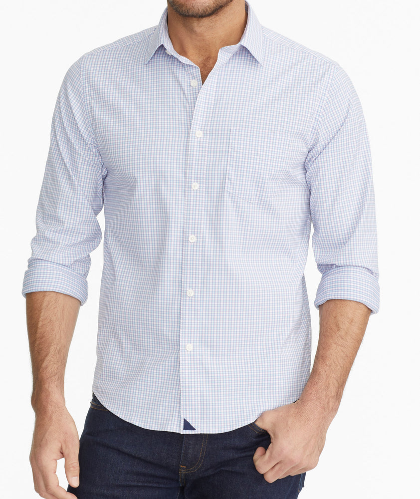 Model wearing a Pink Wrinkle-Free Performance Dalton Shirt