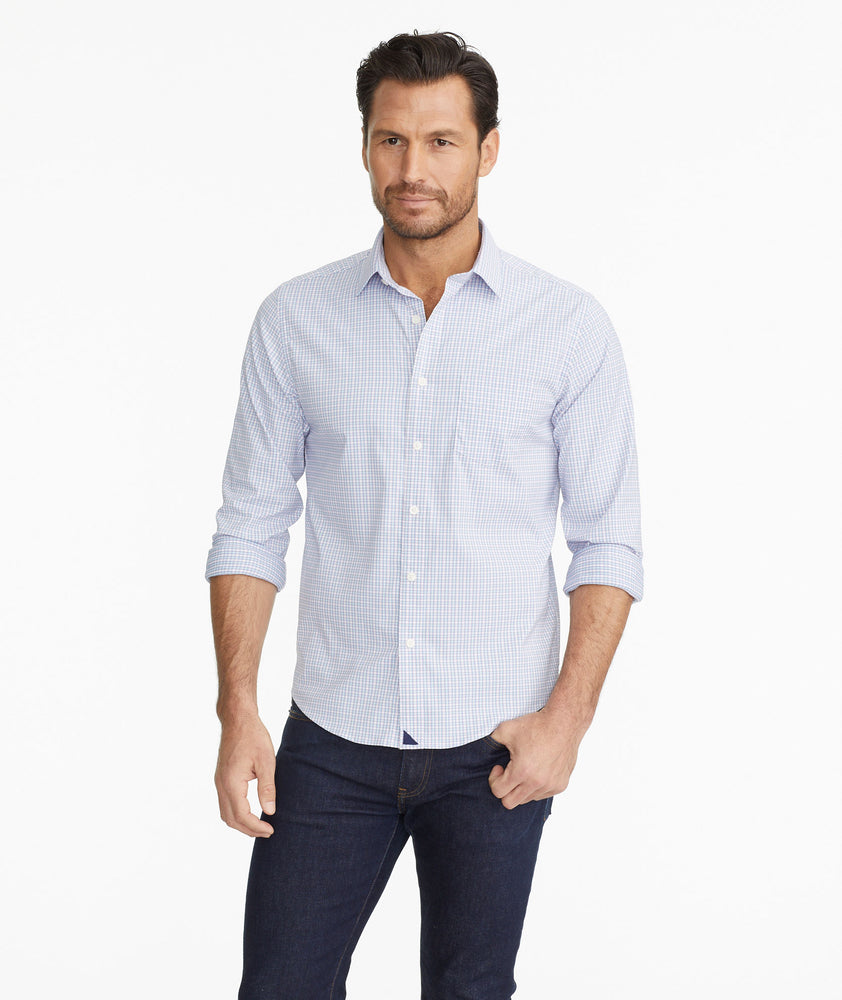 Model wearing a Pink Wrinkle-Free Performance Dalton Shirt