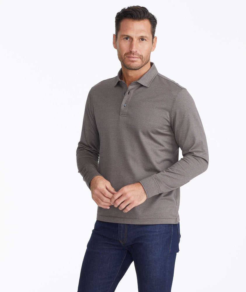 Model wearing a Brown Wrinkle-Free Damaschino Birdseye Long-Sleeve Polo