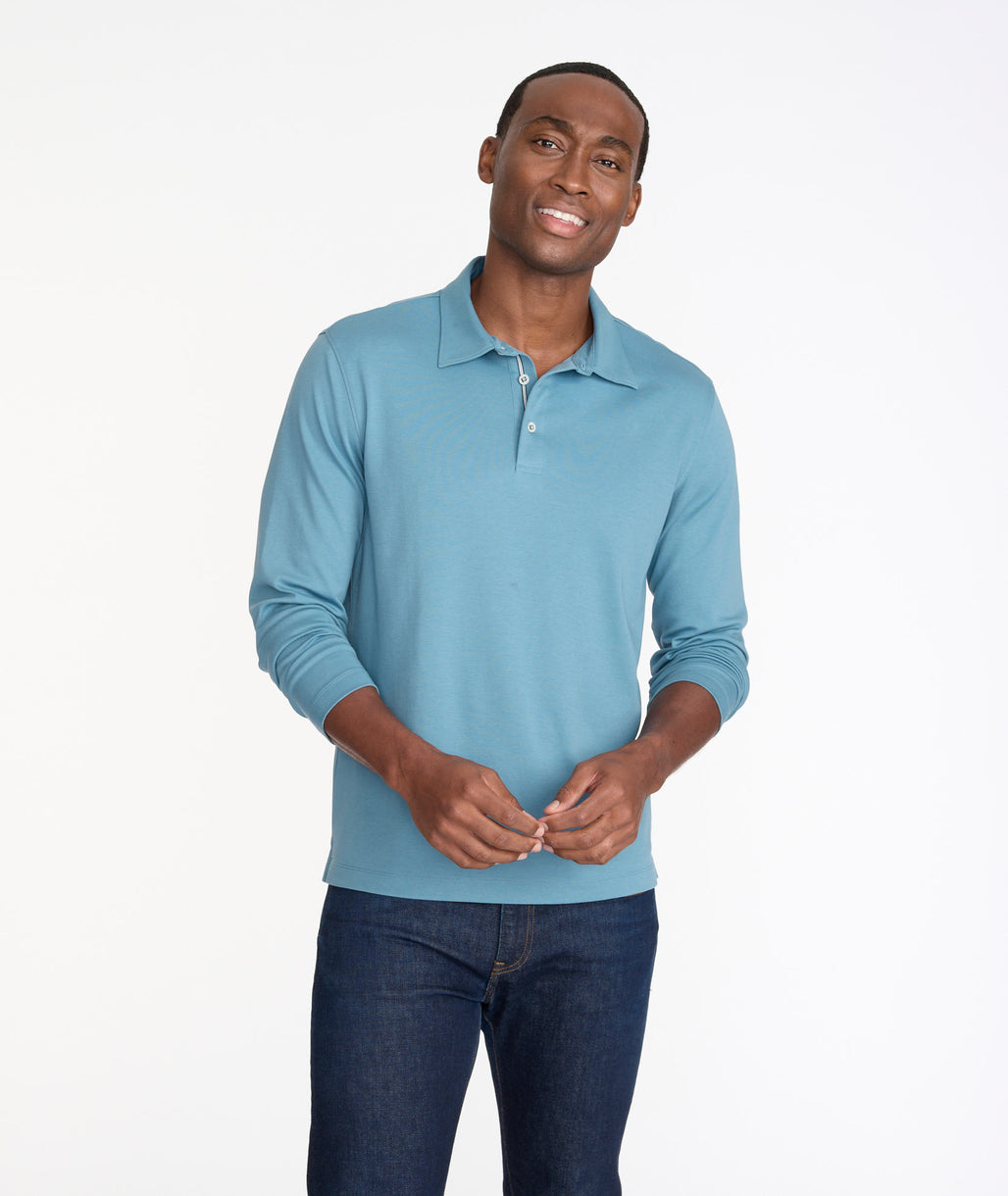 Model wearing a Light Blue Wrinkle-Free Damaschino Long-Sleeve Polo