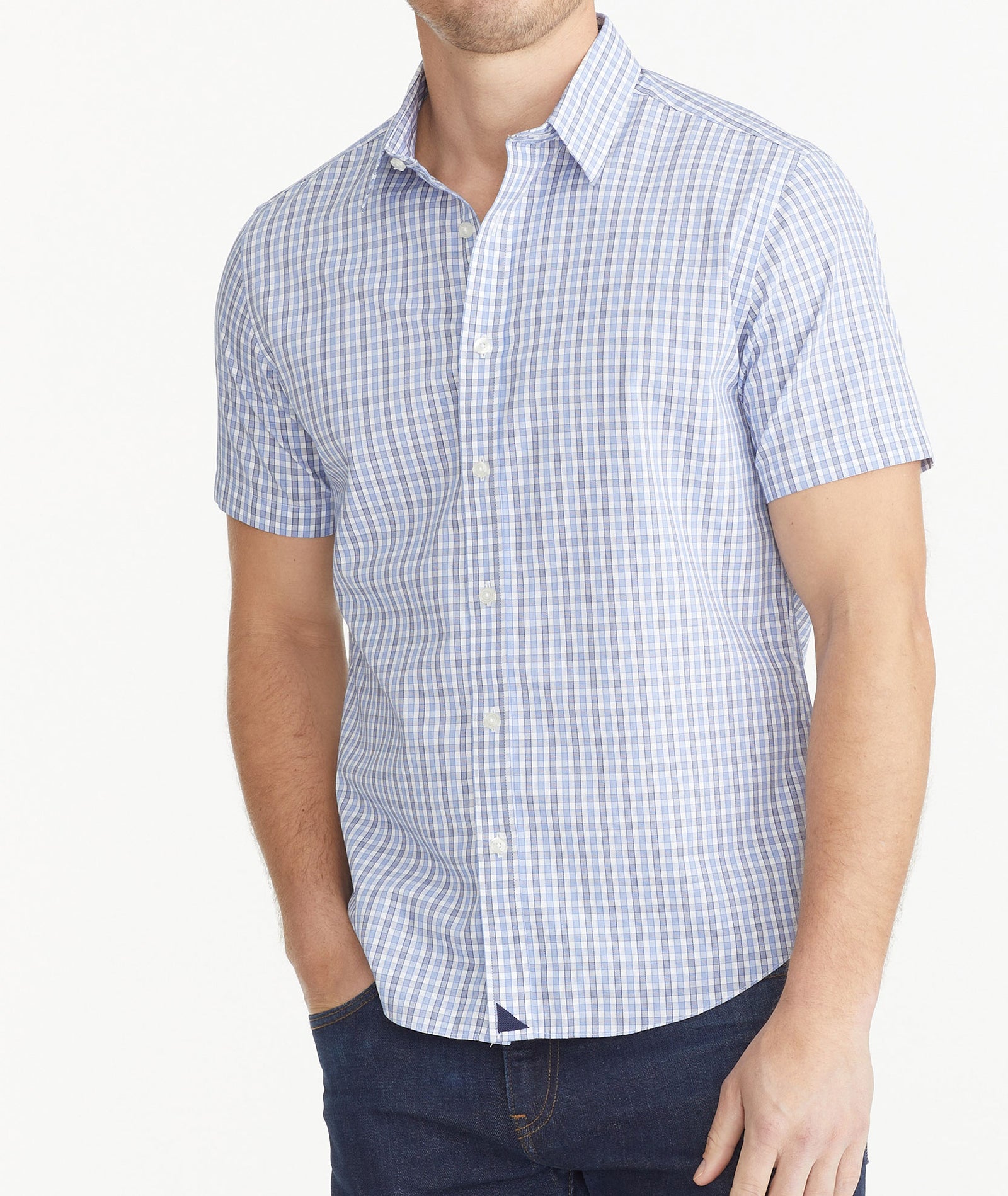 Wrinkle-Free Short-Sleeve Dante Shirt Blue with Gray & White Check ...