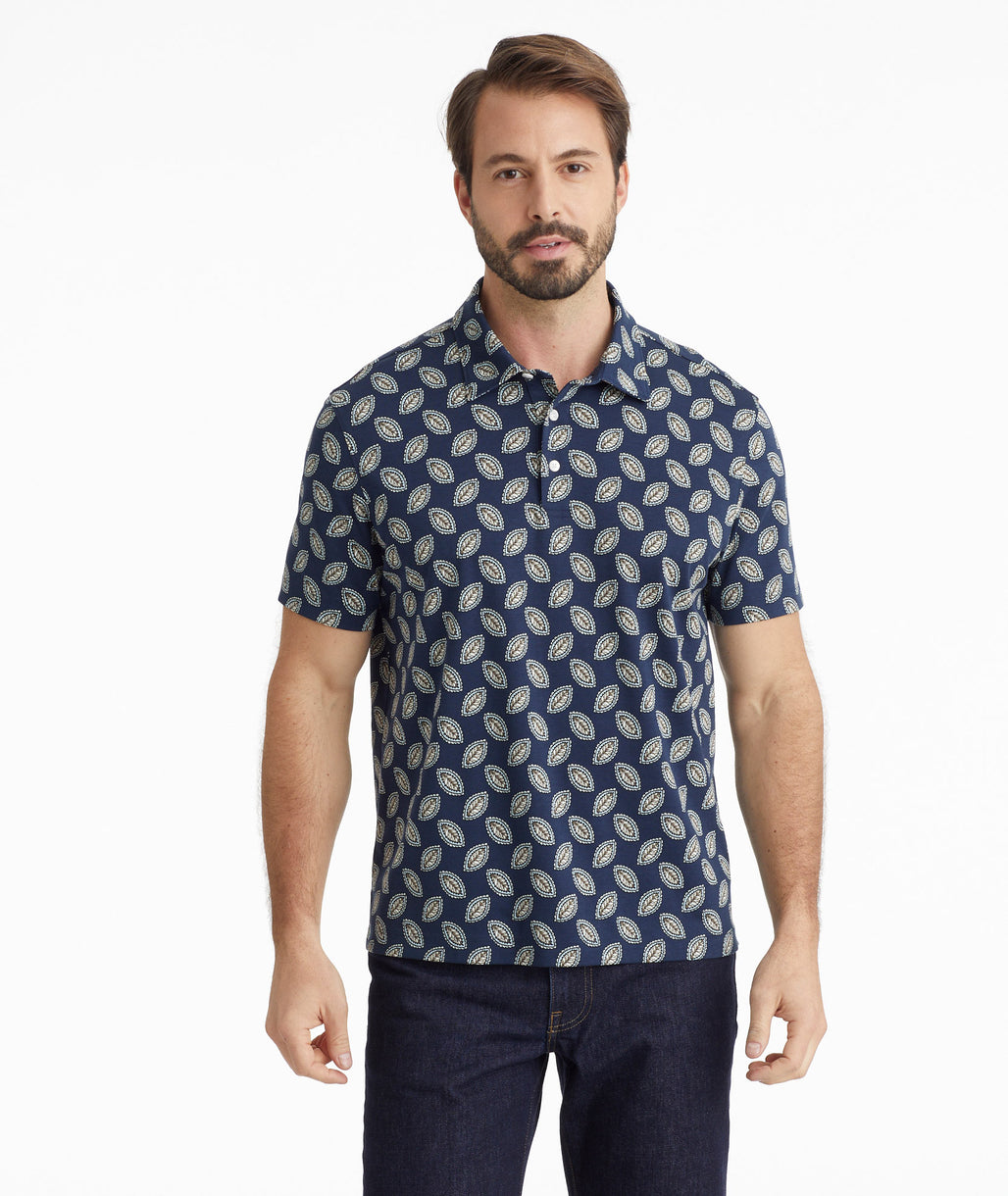 Model wearing a Navy Wrinkle-Free Printed Polo