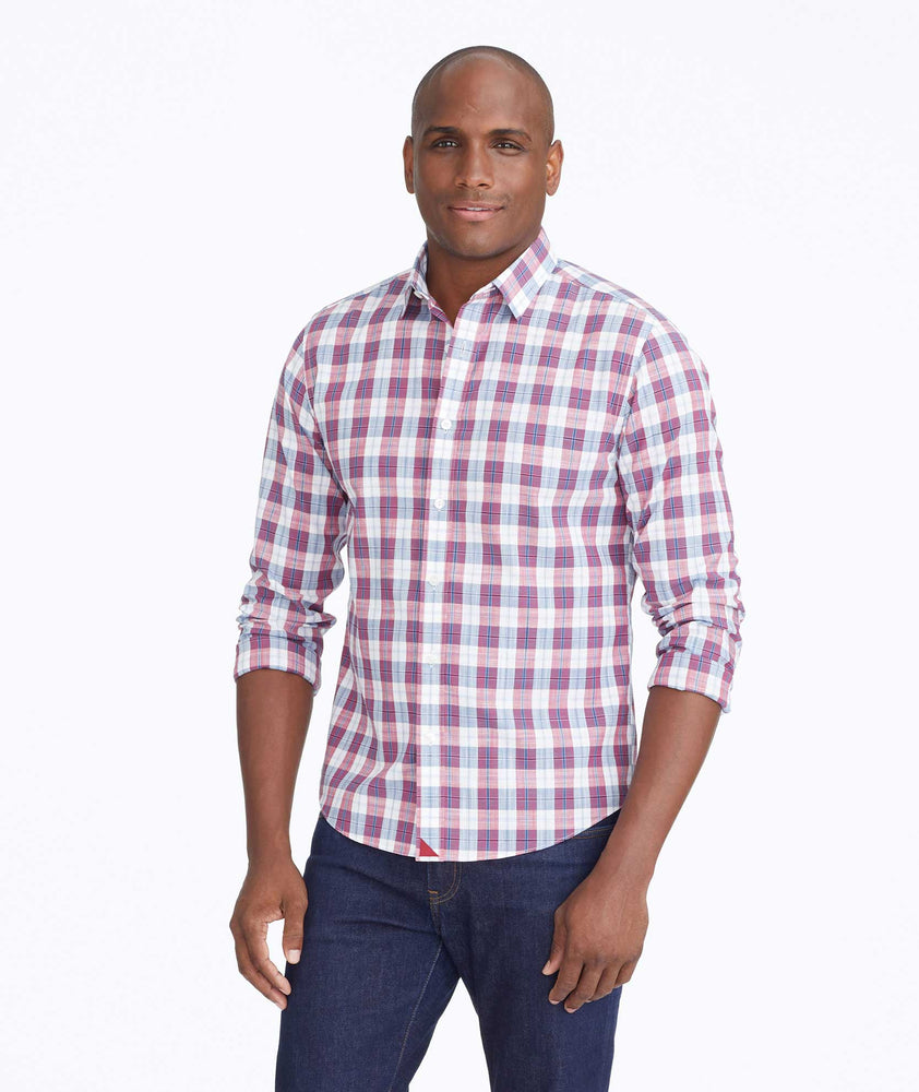 Model wearing a Red Wrinkle-Free Denner Shirt