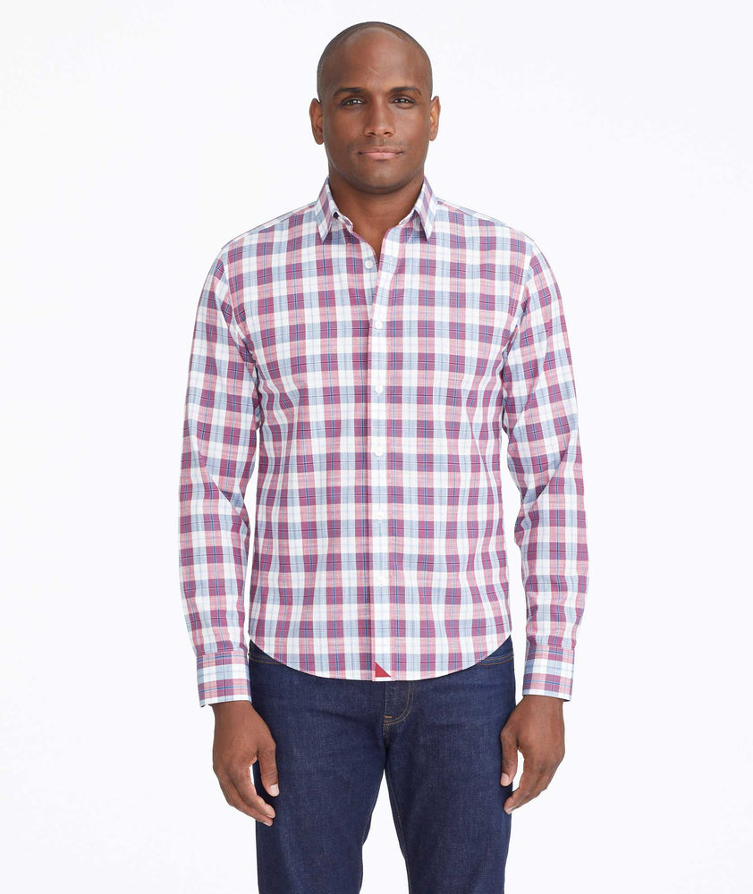 Model wearing a Red Wrinkle-Free Denner Shirt