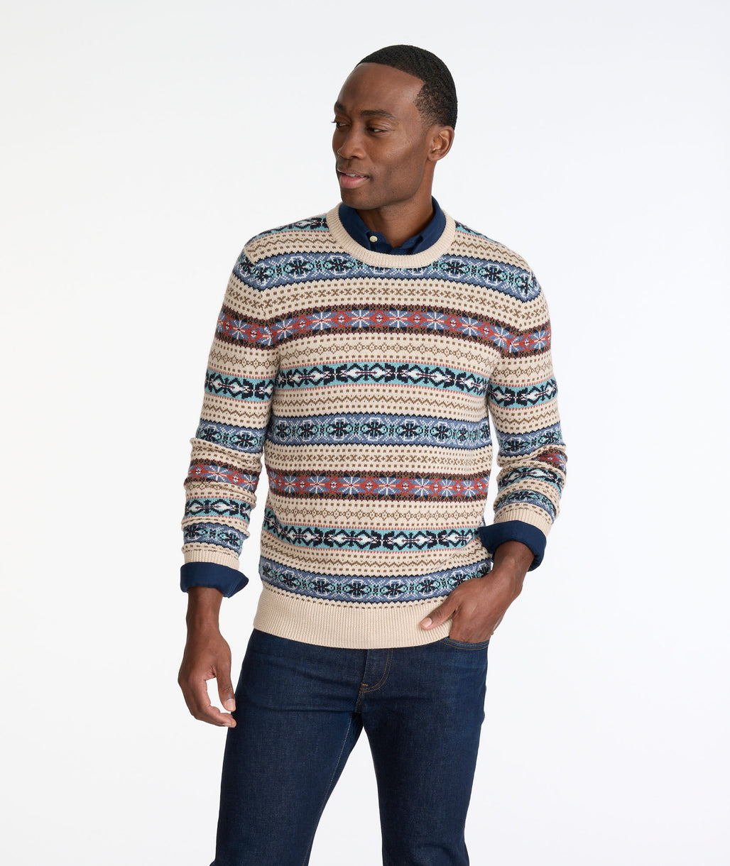 Model wearing a Tan Fair Isle Crewneck Sweater - FINAL SALE