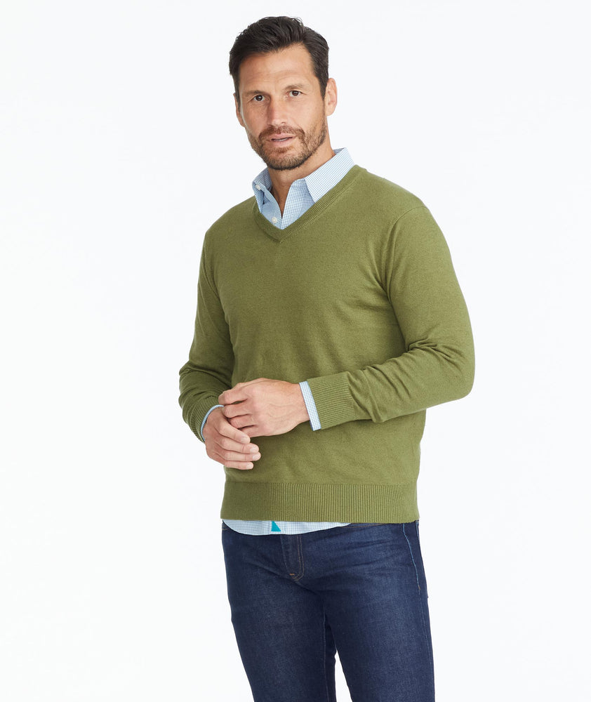 Model wearing a Green Cotton-Linen V-Neck Sweater