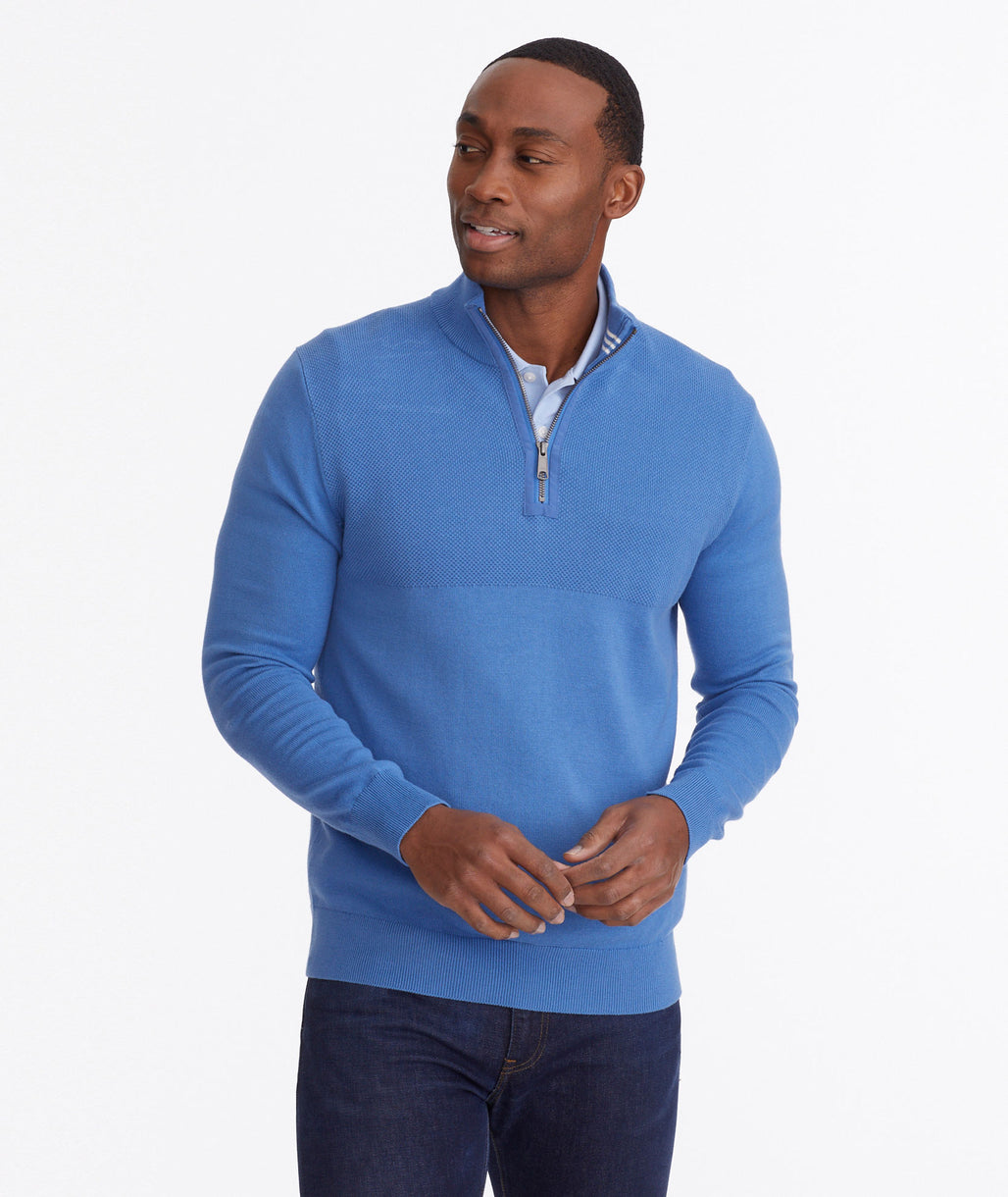 Model wearing a Blue No Sweat Quarter-Zip Sweater