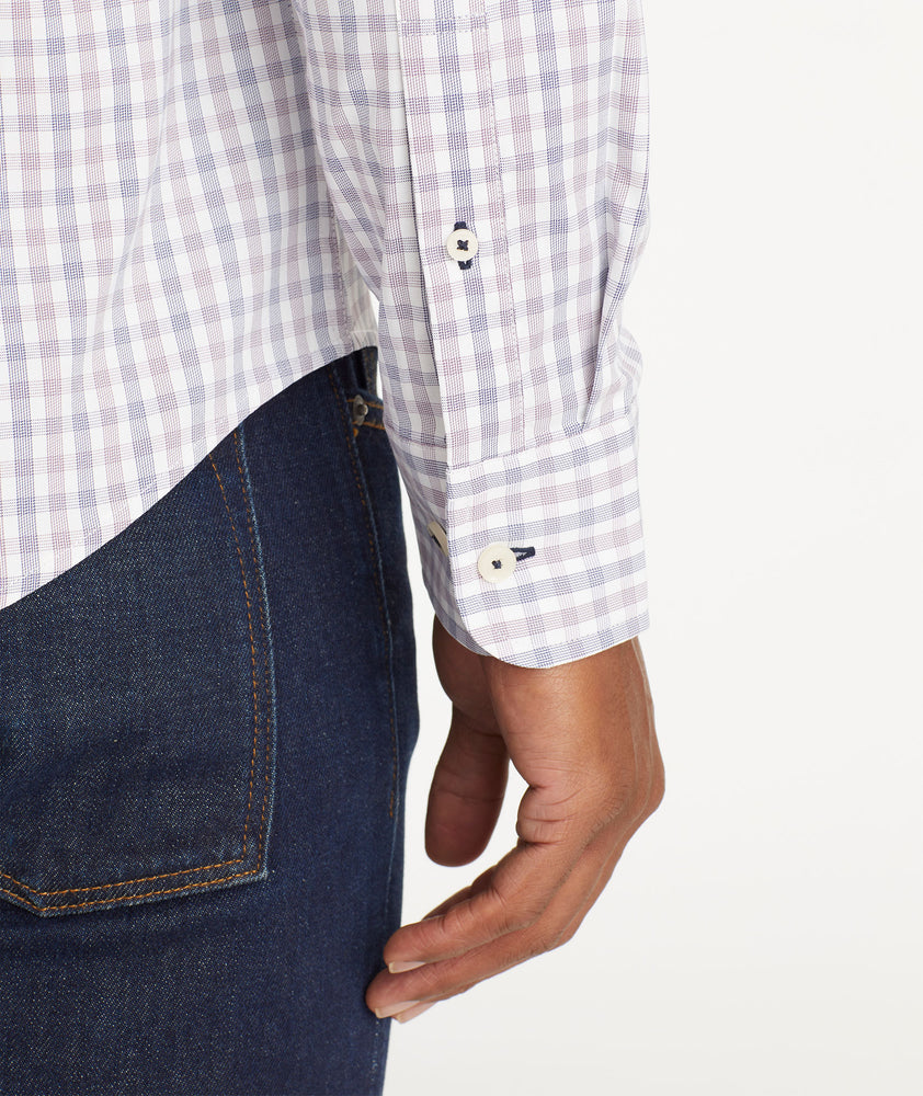 Model wearing an UNTUCKit Purple Wrinkle-Free Performance Duras Shirt