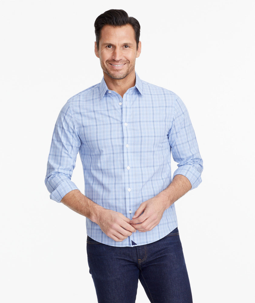 Model wearing a Blue Wrinkle-Free Durbanville Shirt