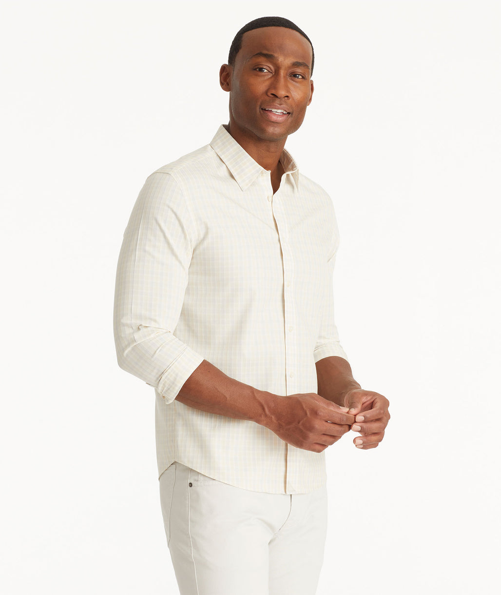 Model wearing an UNTUCKit Tan Wrinkle-Free Durif Shirt