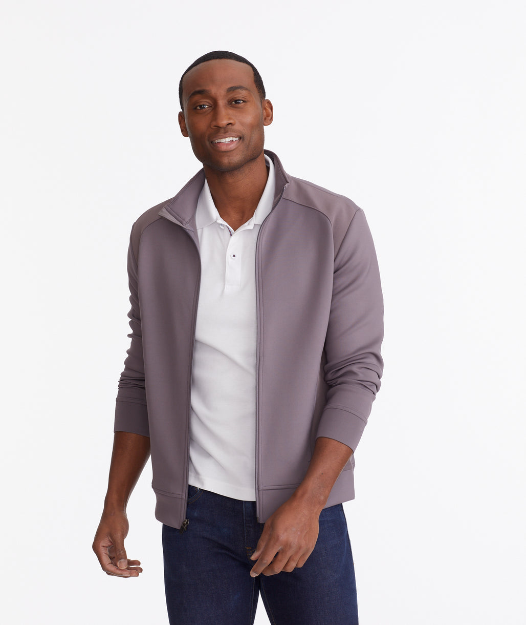 Model wearing a Grey Performance Full-Zip Sweatshirt