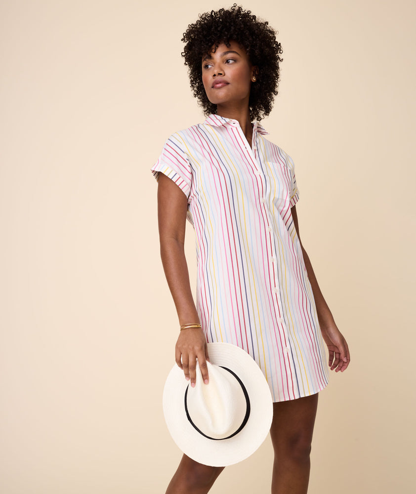 Model is wearing UNTUCKit White with Multicolor Stripe Eleanor Dress.