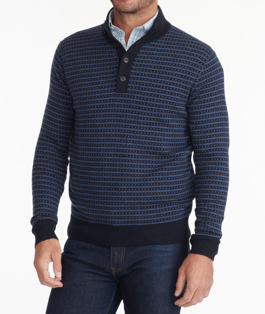 Model wearing a Navy Merino Wool Mockneck Sweater