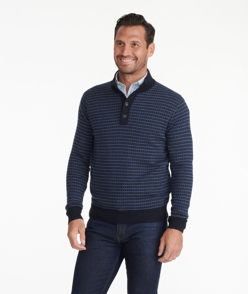 Model wearing a Navy Merino Wool Mockneck Sweater