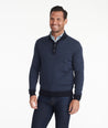 Model wearing a Navy Merino Wool Mockneck Sweater