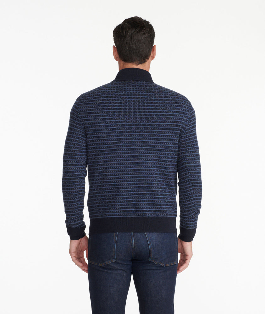 Model wearing a Navy Merino Wool Mockneck Sweater