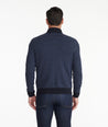 Model wearing a Navy Merino Wool Mockneck Sweater