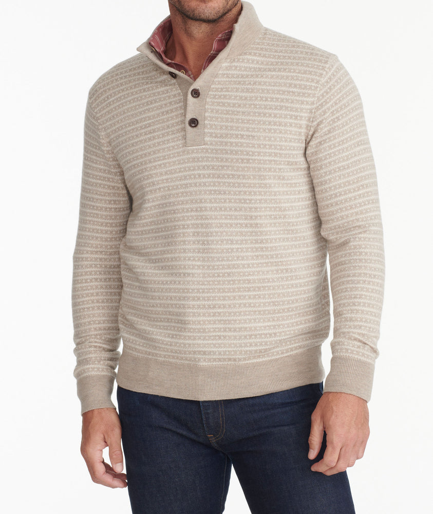 Model wearing a Tan Merino Wool Mockneck Sweater