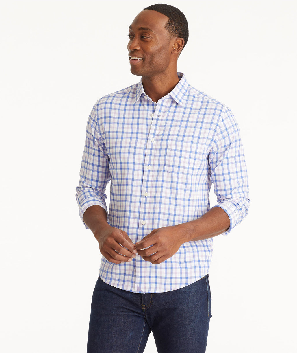 Model wearing an UNTUCKit Purple Wrinkle-Free Performance Evans Shirt