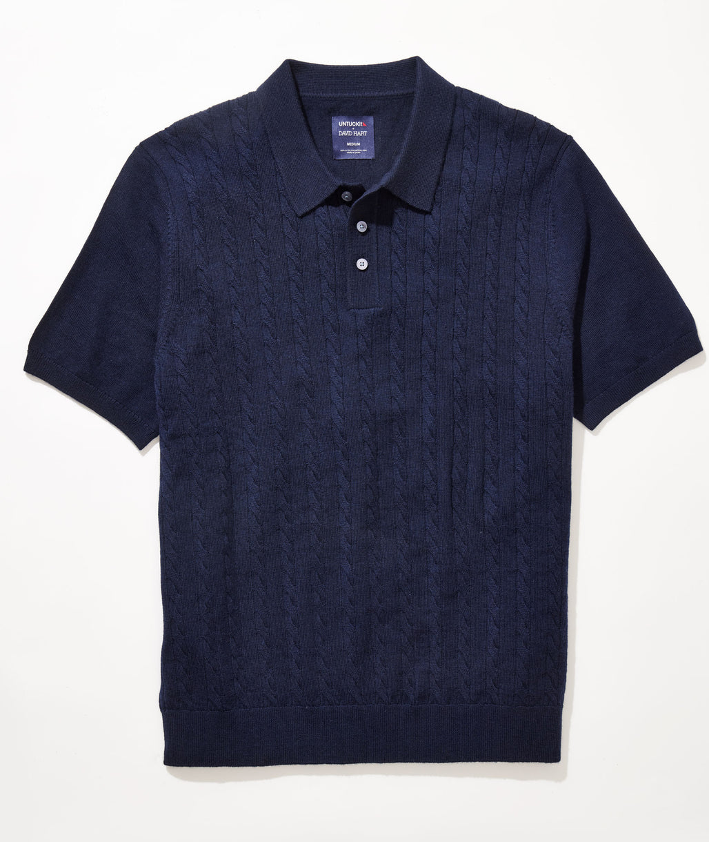 Model is wearing UNTUCKit + David Hart Navy Cable-Knit Polo