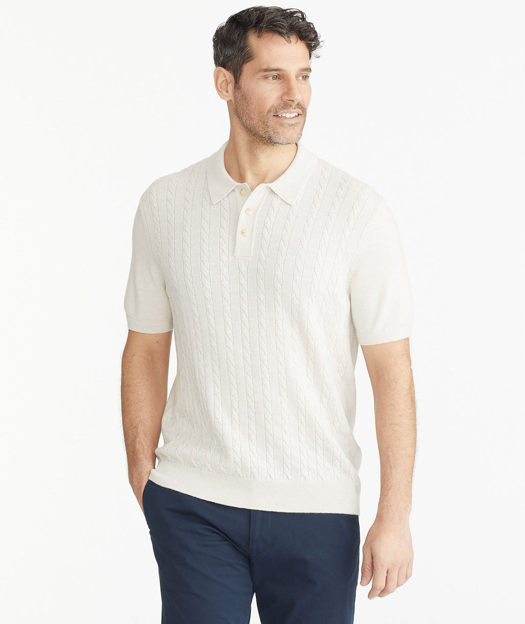 Model is wearing Tan UNTUCKit + David Hart Cable-Knit Polo.