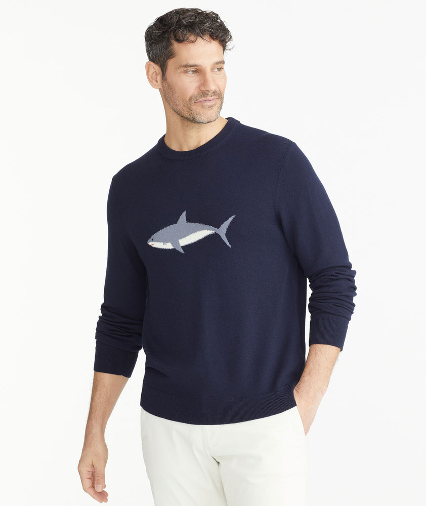 Model is wearing UNTUCKit + David Hart Crewneck Bruce Shark Sweater.