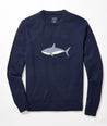 Model is wearing UNTUCKit + David Hart Crewneck Bruce Shark Sweater.