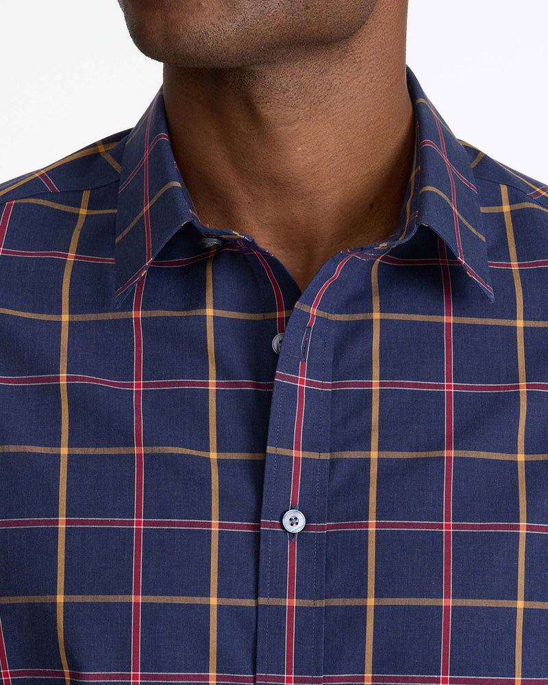 Model wearing a Navy Wrinkle-Free Georgio Shirt