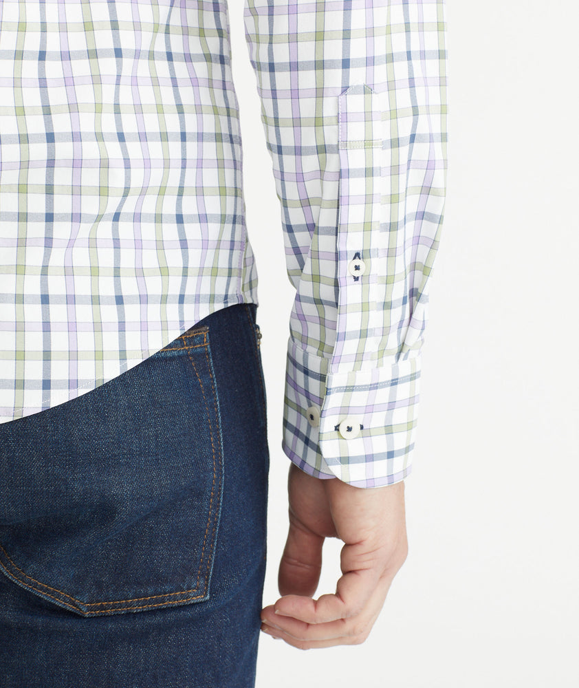 Model is wearing UNTUCKit Lilac & Olive Check Wrinkle-Free Performance Hawkins Shirt.